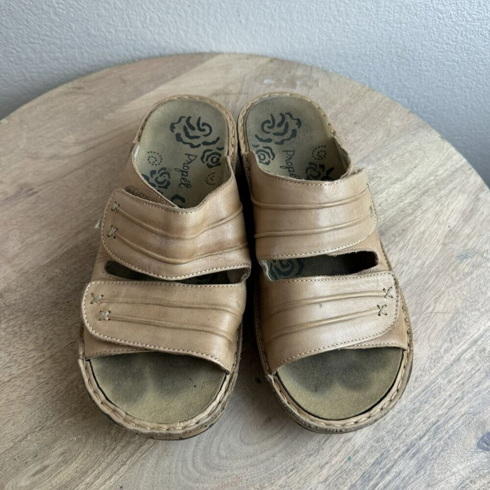 Propet Womens June Tan Leather Slide Sandals Size 8.5 Adjustable Straps Cushione